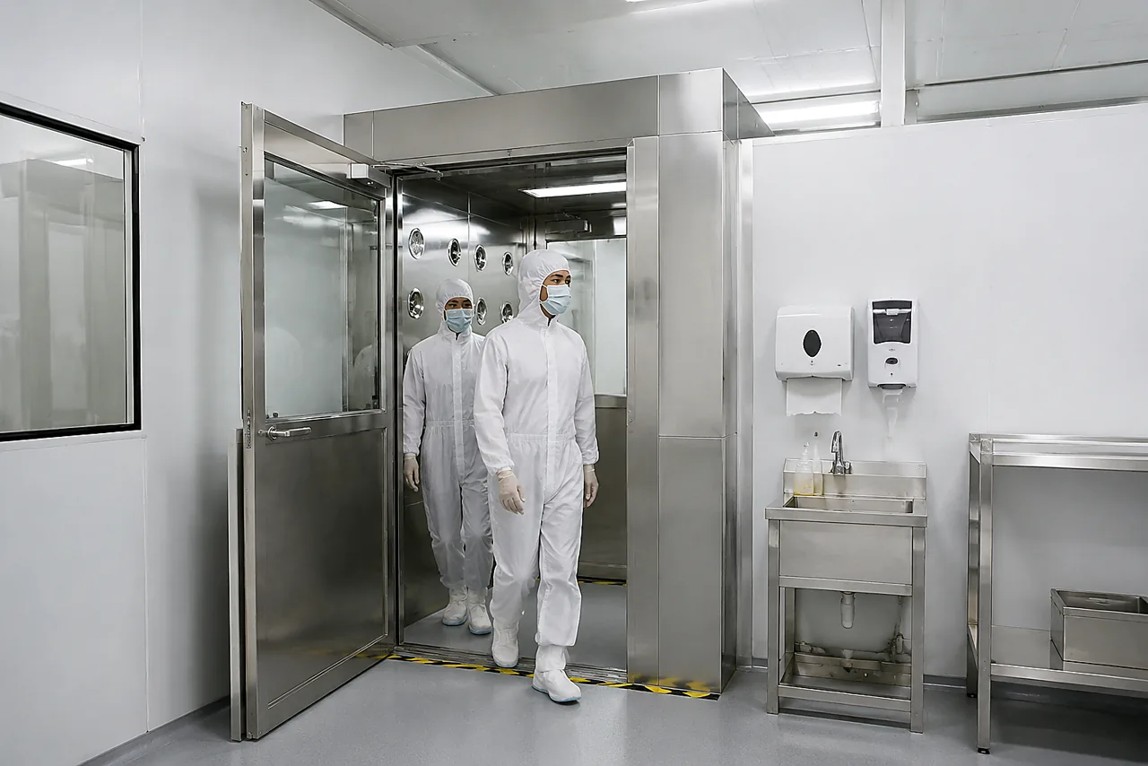 Cleanroom entry and hygiene transition reference scene